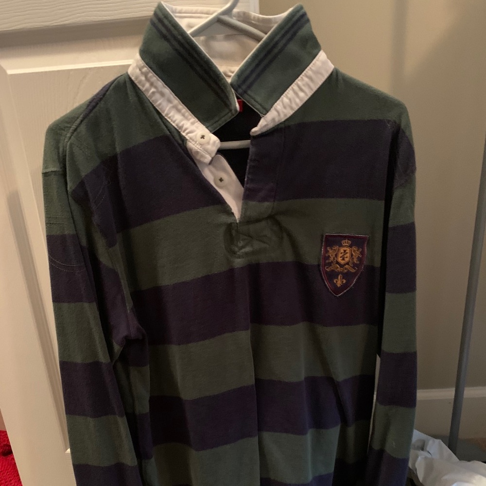 Green and blue striped collared shirt
